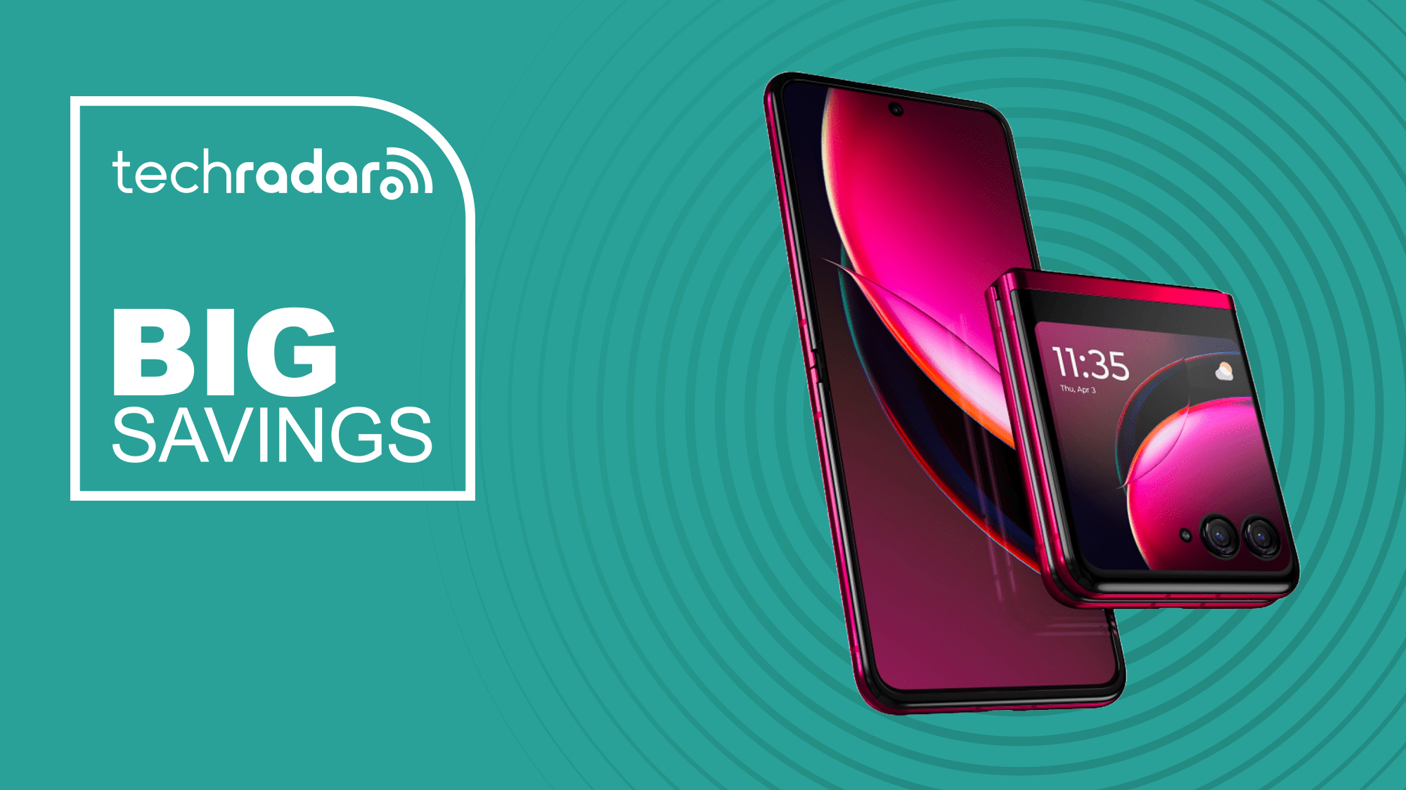 The Motorola Razr Plus on a cyan background. Text reads: Big savings 