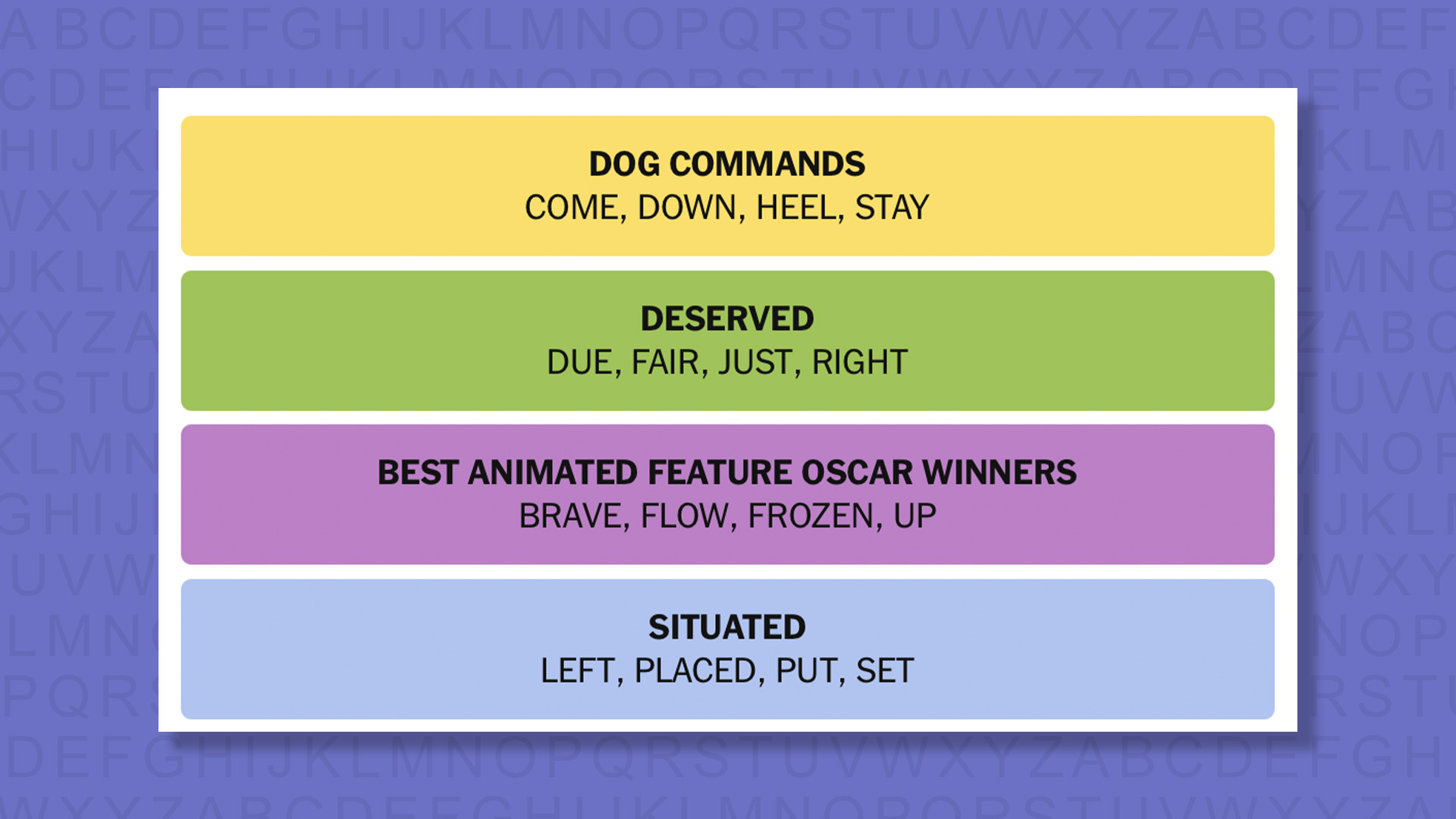 NYT Connections answers for game 844 on a purple background