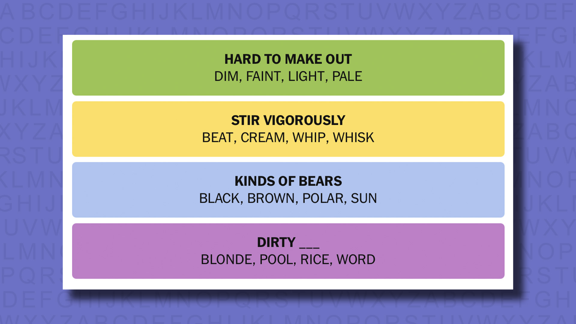 NYT Connections answers for game 838 on a purple background