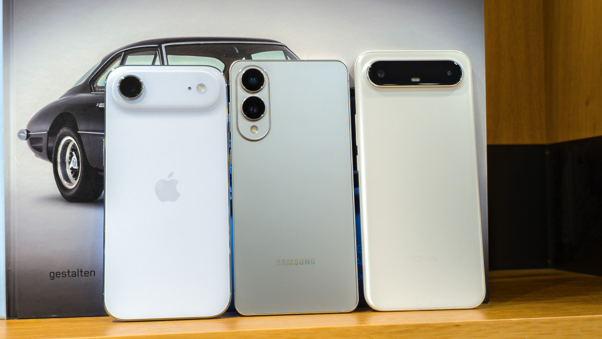The Galaxy S25 Edge, Apple iPhone Air, and Tecno Pova Slim side-by-side
