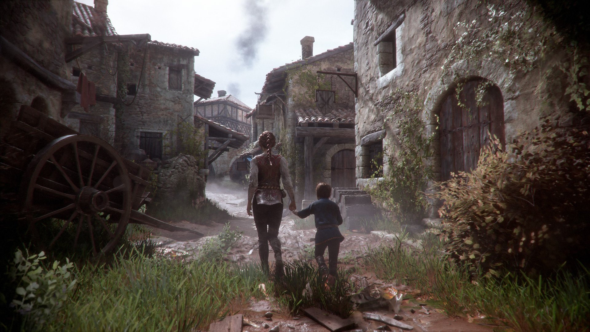 A Plague Tale: Innocence's protagonists Amica and Hugo walk along a European street